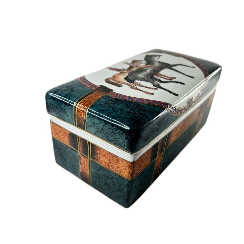 Vintage Heavy Rectangular Porcelain Ceramic  Trinket Box Equestrian Horse Theme